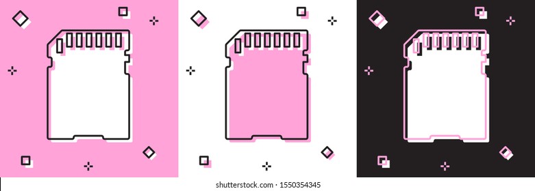Set SD card icon isolated on pink and white, black background. Memory card. Adapter icon.  Vector Illustration
