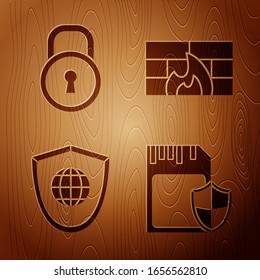 Set SD card and shield , Lock , Shield with world globe  and Firewall, security wall  on wooden background. Vector