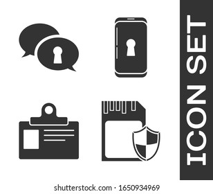 Establecer tarjeta SD y escudo , Protección de datos personales , Tarjeta de identificación y Smartphone con icono de candado. Vector