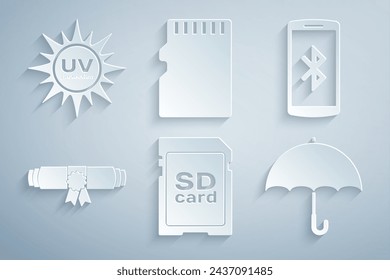 Set SD card, Smartphone with bluetooth, Diploma rolled scroll, Umbrella, Micro memory and UV protection icon. Vector