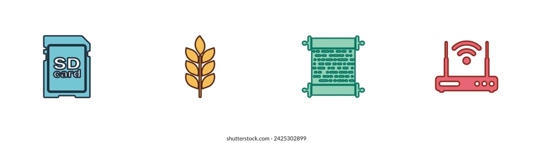 Fija la tarjeta SD, el trigo, el rollo de papel y el router y el icono del wi-fi. Vector