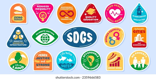 Set of SDGs stickers different shapes. Sustainable development goals collection badges vector illustration on blue background. Labels of global targets for improve health, education, economic growth.