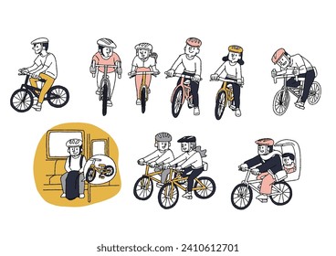  Set of se hand-drawn illustrations of people enjoying bicycles as a hobby