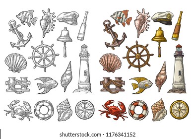 Set sea adventure. Anchor, wheel, bollard, hat, compass rose, shell, crab, bell, lifebuoy, lighthouse isolated on white background. Vector color vintage engraving illustration. For poster yacht club.