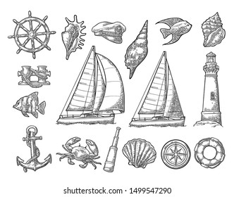 Set sea adventure. Anchor, wheel, yacht, compass rose, spyglass, bell, lifebuoy, lighthouse isolated on white background. Vector black vintage engraving illustration. For poster yacht club and tattoo