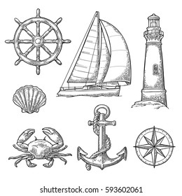 Set sea adventure. Anchor, wheel, sailing ship, compass rose, shell, crab, lighthouse isolated on white background. Vector vintage engraving illustration. For poster yacht club.