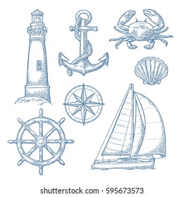 Set sea adventure. Anchor, wheel, sailing ship, compass rose, shell, crab, lighthouse isolated on white background. Vector blue vintage engraving illustration. For poster yacht club.