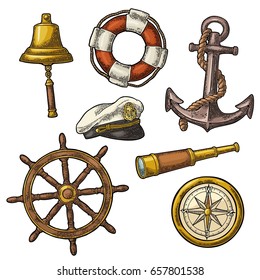 Set sea adventure. Anchor, wheel, compass rose, spyglass, bell, lifebuoy, lighthouse isolated on white background. Vector color vintage engraving illustration. For poster yacht club.