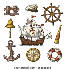 Set sea adventure. Anchor, wheel, caravel, compass rose, bollard, spyglass, bell, lifebuoy, lighthouse isolated on white background. Vector color vintage engraving illustration. For poster yacht club.