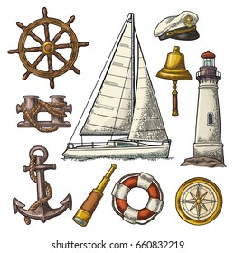 Set sea adventure. Anchor, wheel, yacht, compass rose, spyglass, bell, lifebuoy, lighthouse isolated on white background. Vector color vintage engraving illustration. For poster yacht club.