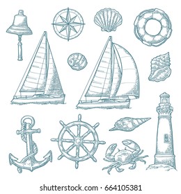 Set sea adventure. Anchor, wheel, sailing ship, compass rose, shell, crab, bell, lifebuoy, lighthouse isolated on white background. Vector blue vintage engraving illustration. For poster yacht club.