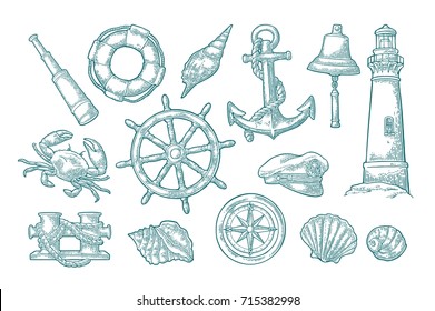 Set sea adventure. Anchor, wheel, bollard, hat, compass rose, shell, crab, bell, lifebuoy, lighthouse isolated on white background. Vector cyan vintage engraving illustration. For poster yacht club.