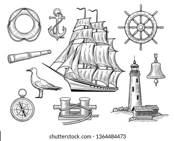 A set of sea adventures. Anchor, wheel, caravel, bollard, gull, bell, lifebuoy, lighthouse, compass, Anchor, Spyglass isolated on a white background. Vector illustration of vintage style.