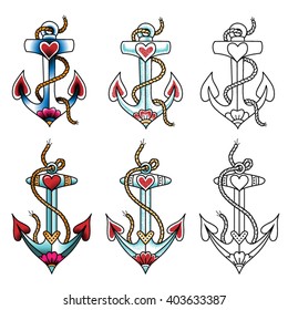 Set of sea anchors. Color tattoos in traditional style isolated on white
