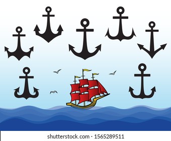 Set sea anchors design vector on  marine landscape background. Marine sailing ship with red sails.