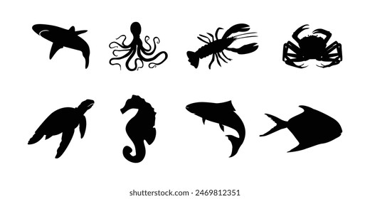 Conjunto de silueta de animal marino negro. Ilustración vectorial de pescado de mar con langosta, tiburón, tortuga, salmón.