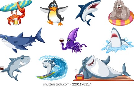 Set of sea animal cartoon character illustration
