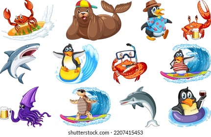 Set of sea animal cartoon character illustration