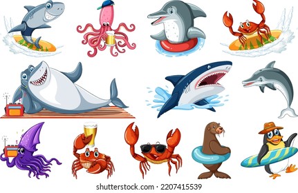 Set of sea animal cartoon character illustration