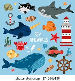 Set of sea animal characters and decoration vector illustration. Different fishes and fisheries flat style design. Lighthouse wheel and anchor. Underwater world concept. Isolated on blue background