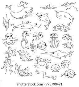 Vector Illustration Sea Animals Cartoon Coloring Stock Vector (Royalty ...