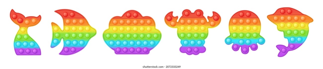 Set of sea animal forms pop it a fashionable rainbow fidget toys. Addictive anti stress toy in bright colors. Bubble sensory trendy popit for kids. Vector illustration isolated on a white background.