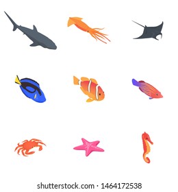 Set of sea animal icons on white background.  Vector isometric illustration.
