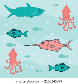 set of sea animal illustration on blue sea water. hand drawn vector. doodle art for kids, poster, wallpaper, banner, card, sticker. marlin fish, fish, octopus and shark. marine life background. 