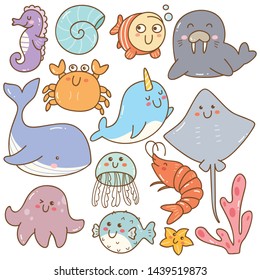 Set of sea animal kawaii doodles