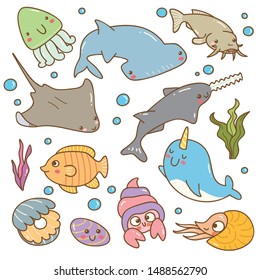 Set of sea animal kawaii doodles