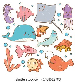 Set of sea animal kawaii doodles