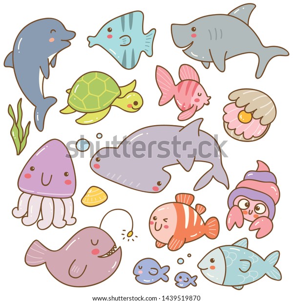 Set Sea Animal Kawaii Doodles Stock Vector (Royalty Free) 1439519870 ...