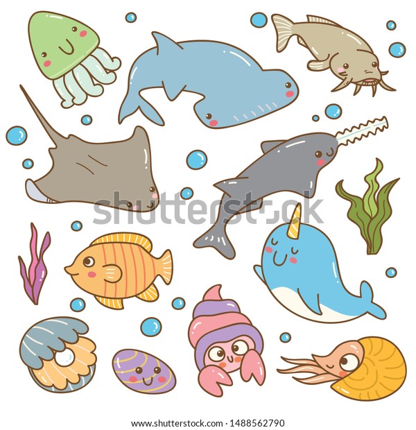 Set Sea Animal Kawaii Doodles Stock Vector (Royalty Free) 1488562790