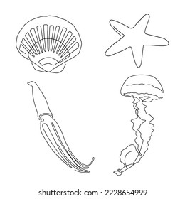 Set of sea animal line art on white background. One line drawing style.