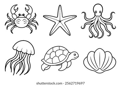 Set of Sea Animal Line Art Vector Illustration