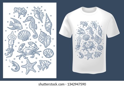 Set sea animal. Shell, cuttlefish, coral, oyster, crab, shrimp, seaweed fish Vector monochrome engraving vintage illustrations isolated on white background. For poster and t-shirt