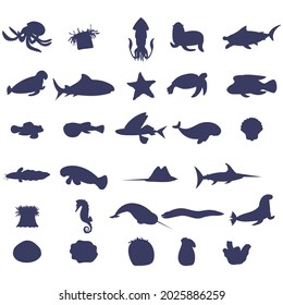 Set of sea animal silhouette on white background. Collection of underwater life design element. Vector marine cartoon drawing. Part 2
