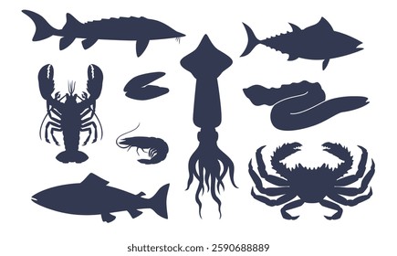 Set of sea animal silhouettes. Black isolated icons. Marine and oceanic food. Menu design. Lobster and oyster, mollusk. Fish and crab. Underwater salmon and shrimp, product vector seafood set