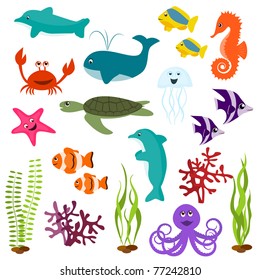 Set of sea animals