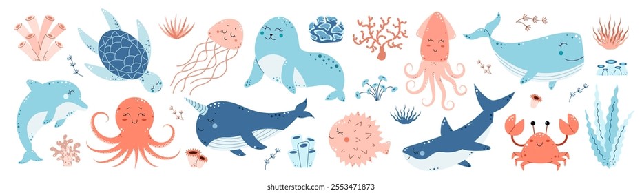 Set of sea animals and algae. Underwater world. Marine life. Ocean exotic. Dolphin, seal, shark, whale, crab, jellyfish, squid, turtle, octopus, narwhal, pufferfish. Vector illustration