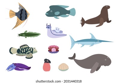 Set of sea animals - angelfish dugon catfish cuttlefish swordfish. Undersea world habitants print. Hand drawn underwater life collection. Funny cartoon marine animals character for kid.