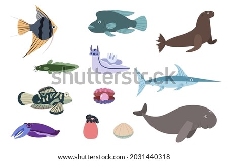 Set of sea animals - angelfish dugon catfish cuttlefish swordfish. Undersea world habitants print. Hand drawn underwater life collection. Funny cartoon marine animals character for kid.