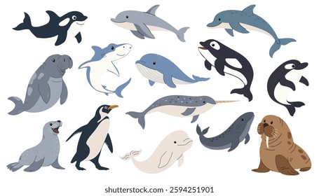 Set of sea animals. Aquatic animals set. Ocean mammals orca, Walrus, sea lion, seal, penguin, shark, whale, dolphin, narwhal, beluga. Vector illustration.