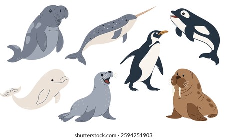 Set of sea animals. Aquatic animals set. Ocean mammals orca, Walrus, sea lion, seal, penguin, shark, whale, dolphin, narwhal, beluga. Vector illustration.