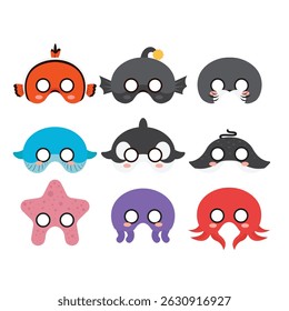 Set Sea Animals Birthday Mask Flat Design Cartoon Icon Illustration