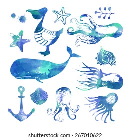 Set of sea animals. Blue watercolor vector background. Nautical illustration.