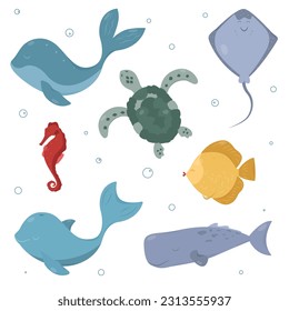set of sea animals in a cartoon flat style. underwater life of sea creatures. fish, seahorse, stingray, animals