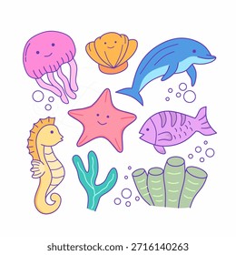 Set of sea animals cartoon vector illustration with isolated white background