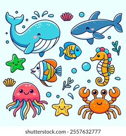 Set of sea animals in children's cartoon style isolated on white background. Whale, shark, fish and jellyfish with crab in linear style for print. Vector illustration