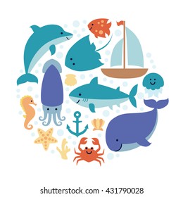 Set of sea animals in circle isolated on white background. Design for invitation, banner, card, poster, print. Art vector Illustration. 